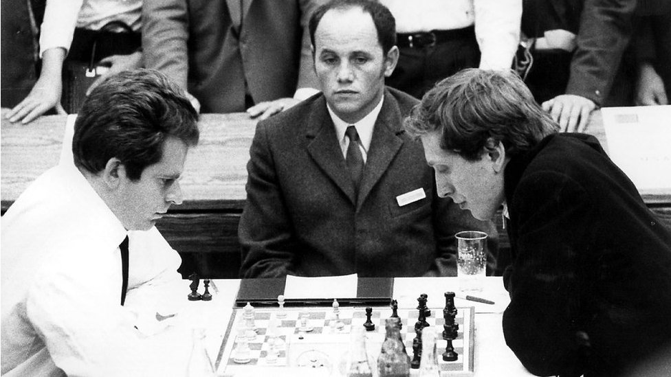 Boris Spassky, left and Bobby Fischer analyze their match in Sveti