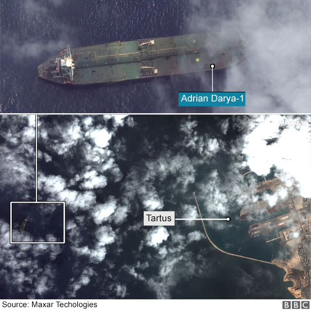 Спутниковые изображения от Maxar Technologies составлены так, чтобы показать местоположение судна на том же спутниковом снимке, что и портовый город Тартус, Сирия