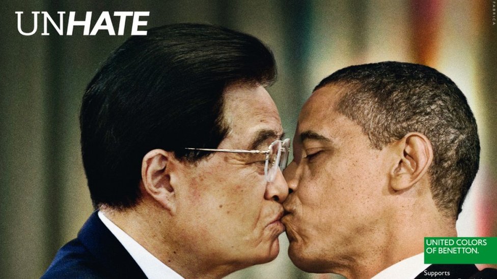 В рекламе Benetton 2011 года изображены американец Барак Обама и китайский Ху Цзиньтао.