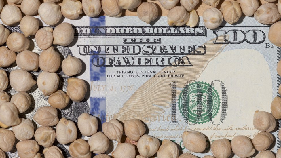Un billete de 100 dólares cubierto de granos de soja
