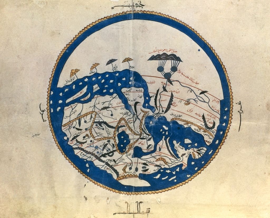 Mapamundi de Al-Idrisi, con el sur arriba.