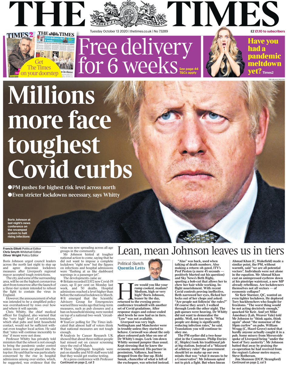 The Times front page 13/10/20
