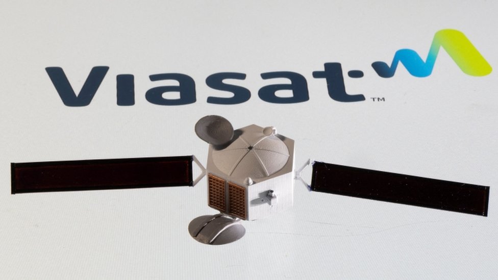 Viasat logo and model satellite