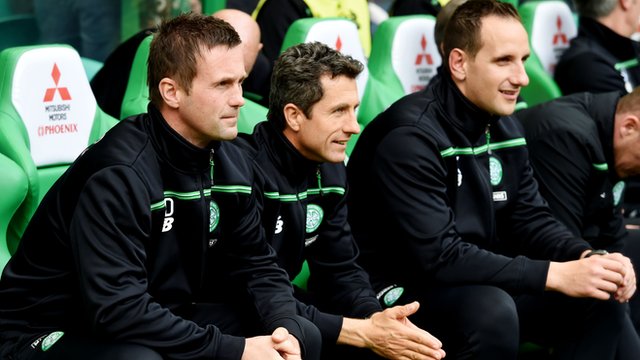 Celtic manager Ronny Deila and coaches John Collins and John Kennedy