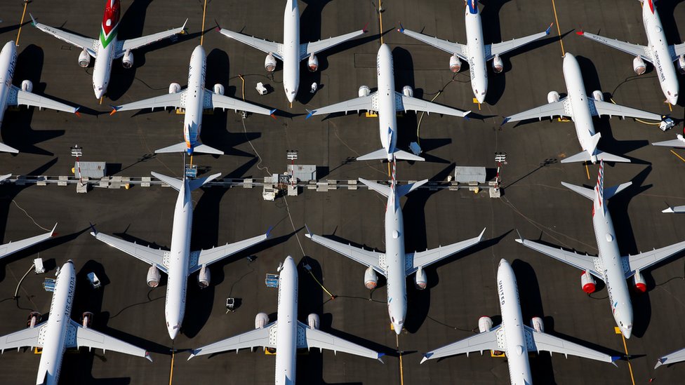 華盛頓州西雅圖波音公司廠房停機坪上停泊的波音737Max客機（資料圖片）