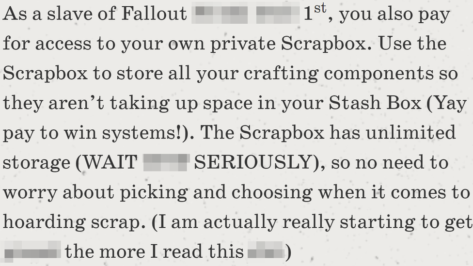 Нецензурная тирада о новой подписке на Fallout 1. Транскрипция: как раб Fallout EXPLETIVE 1st, вы также платите за доступ к своему личному ящику для мусора. Используйте ящик для отходов, чтобы хранить все ваши крафтовые компоненты, чтобы они не занимали место в вашем тайнике (ура, плати, чтобы выиграть!). В Scrapbox есть неограниченное хранилище (ПОДОЖДИТЕ СЕРЬЕЗНО), поэтому не нужно беспокоиться о сборе и выборе, когда дело доходит до складирования лома. (Я действительно начинаю становиться РУКОВОДИТЕЛЬНЫМ, чем больше я читаю это РУКОВОДСТВО)