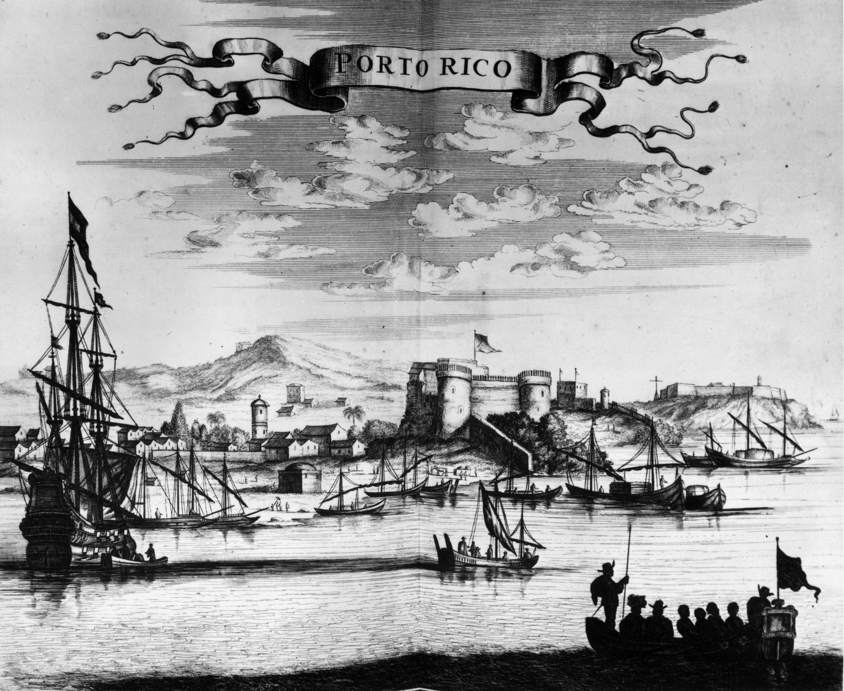 Conquistada por Cristóbal Colón en 1493, la isla fue colonia de España hasta 1898, cuando pasó a manos estadounidenses. 1671, Porto Rico (Puerto Rico) and its castle seen from the harbour. Original Artwork: Ogilvy's America