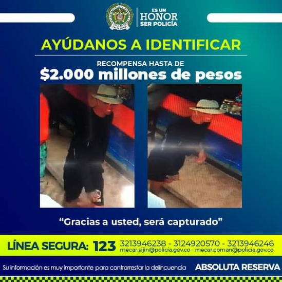 Imagen del sospechoso distribuida por la Policía Nacional de Colombia
