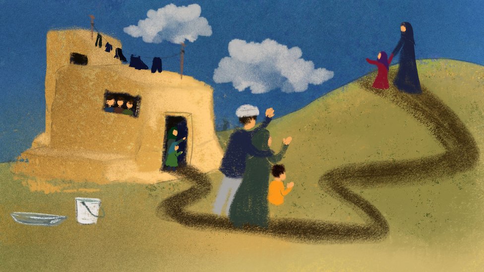 NO USAR, BBC Ilustración que muestra a Nazanin abandonando el hogar familiar