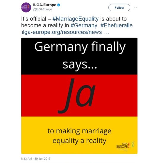 Это официально - #MarriageEquality вот-вот станет реальностью в #Germany. #Ehefueralle https://www.ilga-europe.org/resources/news/latest-news/germany-marriage-equality…