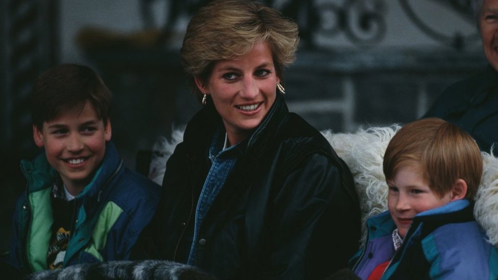 Prince William (left) Princess Diana, Prince Harry on a skiing trip together