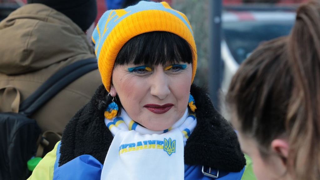 Ukrainian woman with patriotic blue and yellow eye shadow