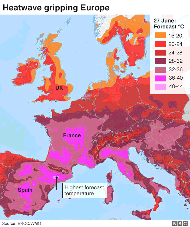 Карта тепловых волн Европы с прогнозом температуры
