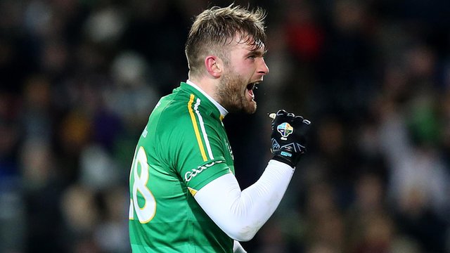 Aidan O'Shea celebrates after scoring one of his two goals in the International Rules Test at Croke Park
