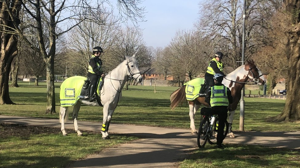 полиция на лошадях и велосипедах патрулирует в Кардиффе