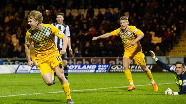 Morton's Alex Samuel celebrates his late goal