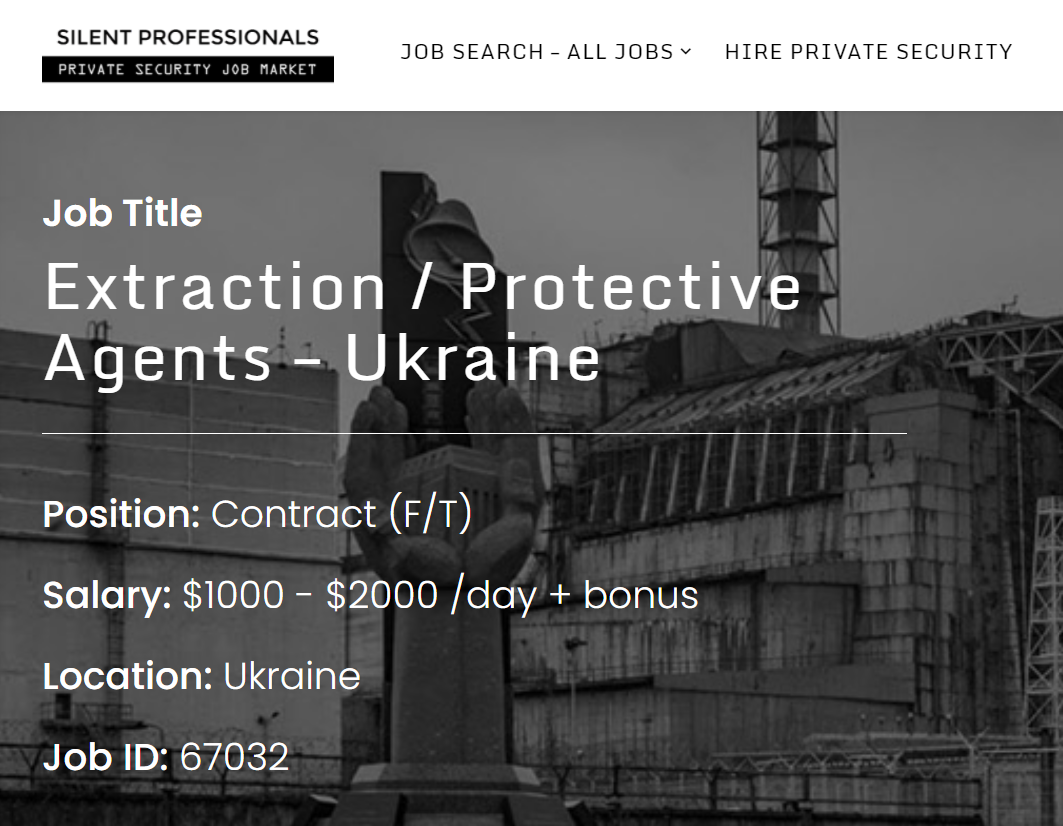 Captura de pantalla de oferta de trabajo buscando personas con experiencia militar para ayudar a evacuar a personas de Ucrania.