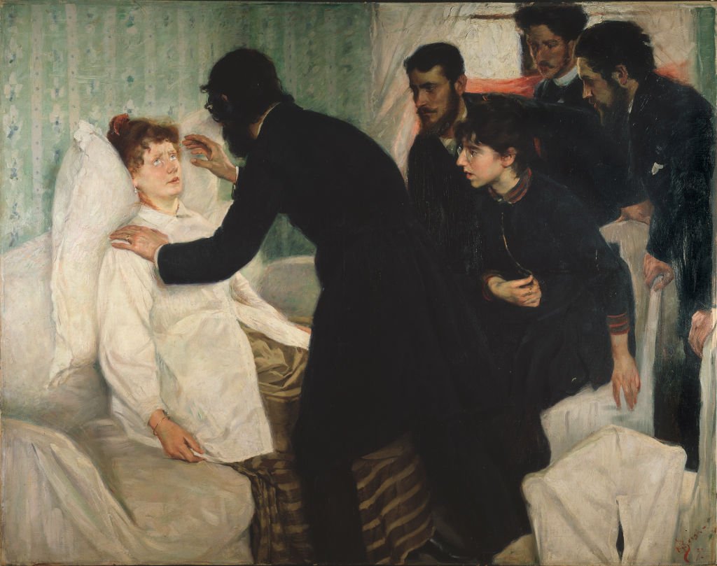 Pintura mostra mulher sendo hipnotizada por um homem, com vários outros homens assistindo ao redor
