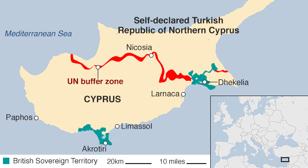 Карта Кипра с изображением турецкой и кипрской сторон