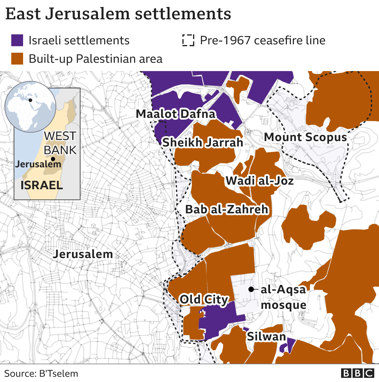 Map showing locations of Israeli settlements and Palestinian built-up areas in East Jerusalem, including Sheikh Jarrah