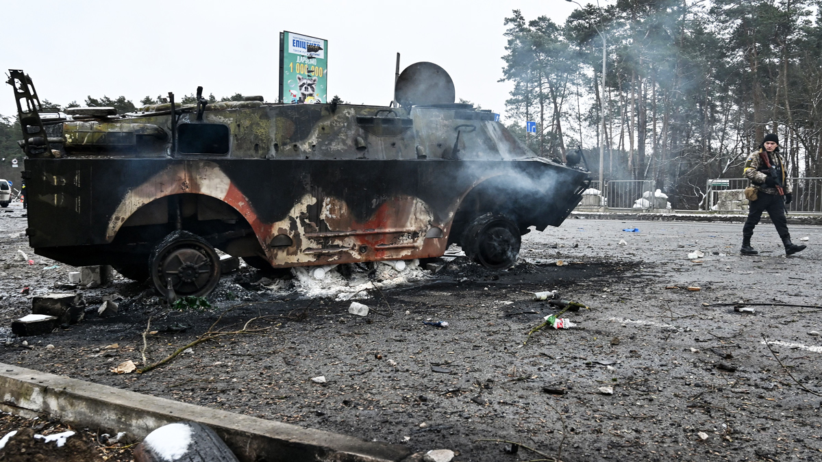 Burnt out armoured vehicle on the outskirts of Kyiv