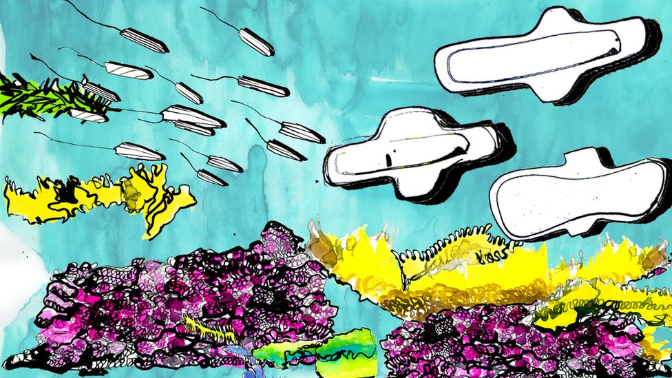Иллюстрация подводной сцены с тампонами и подушечками