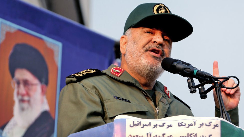 Iranian Revolutionary Guards commander Major General Hossein Salami speaks during a pro-government rally in Tehran on 25 November 2019