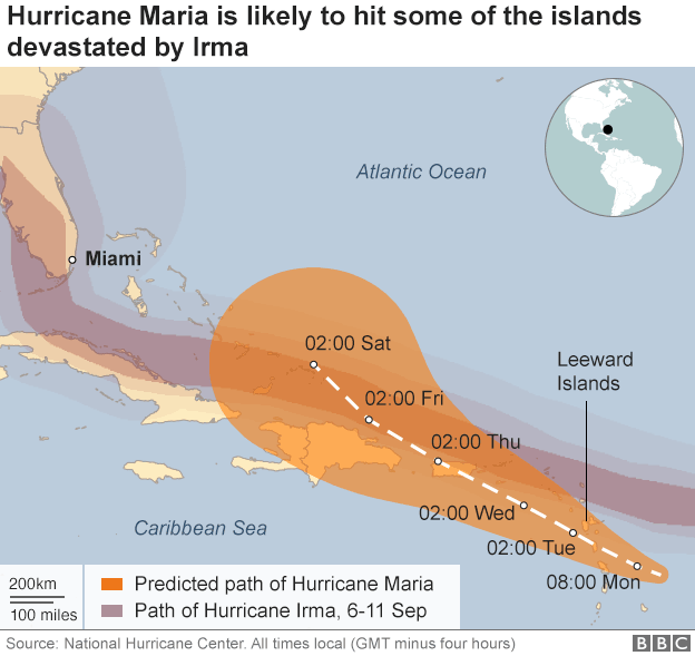 Графика показывает предсказанный путь Марии через восточные Карибские острова