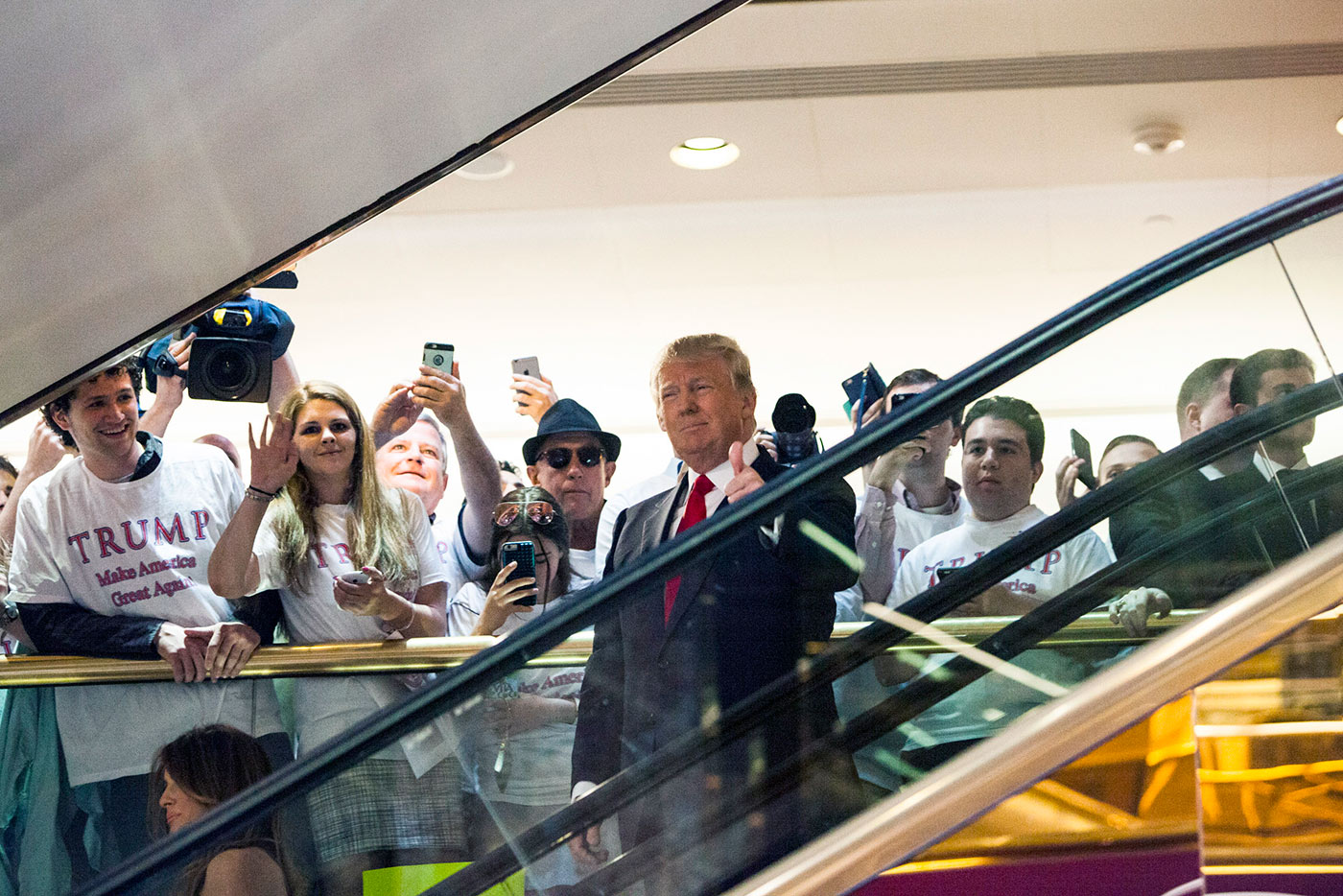 Donald Trump rides an escalator to a press event to announce his candidacy for the US presidency at Trump Tower on 16 June 2015