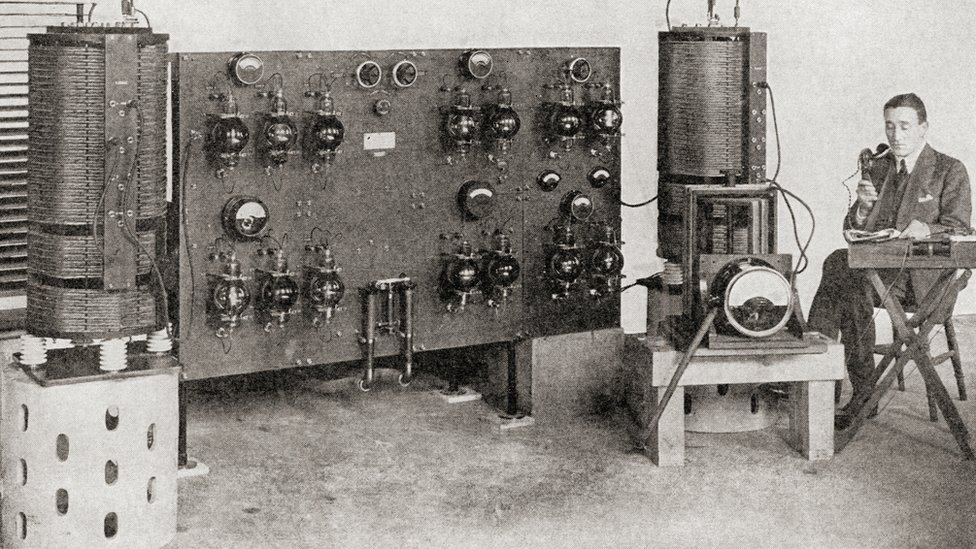 The first broadcast transmitter operated in Great Britain, installed at the Marconi Works, Chelmsford, in 1919 and 1920