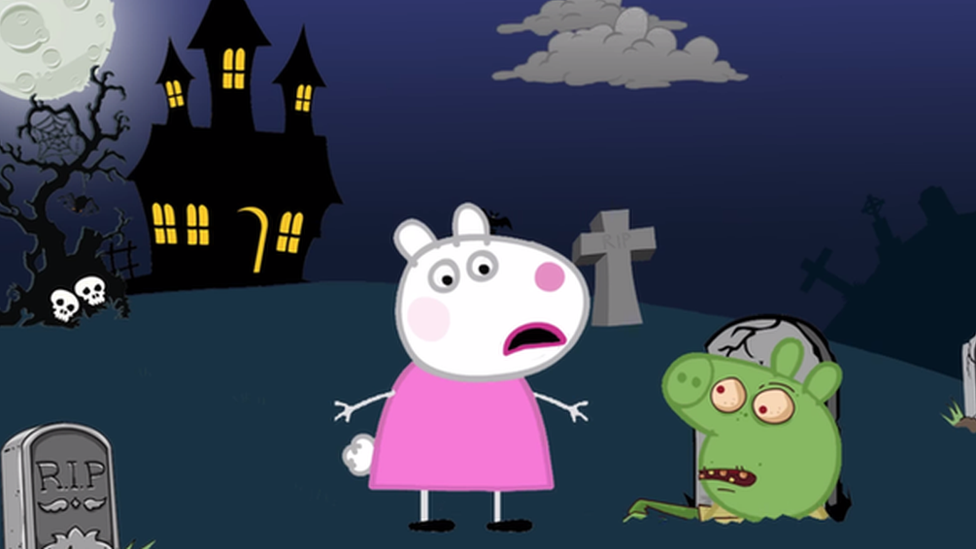 Фотография копии мультфильма "Свинка Пеппа" на кладбище с зомби, выходящим из одной из могил
