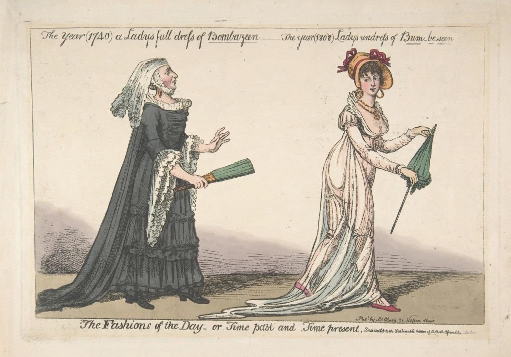 Ilustração mostrando duas mulheres, uma com vestido robusto clássico do século 19, e outra com vestido de musselina