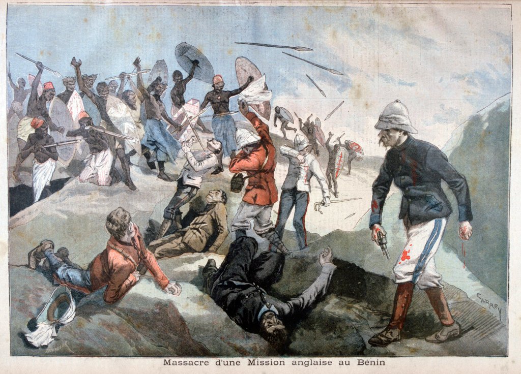 La masacre de una expedición británica en Benin, que provocó el envío de una fuerza mucho mayor en represalia. Ilustración de Le Petit Journal, 24 de enero de 1897.