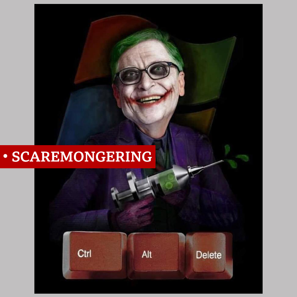 Страшный макет Билла Гейтса в костюме Джокера со шприцем с надписью «запугивание»