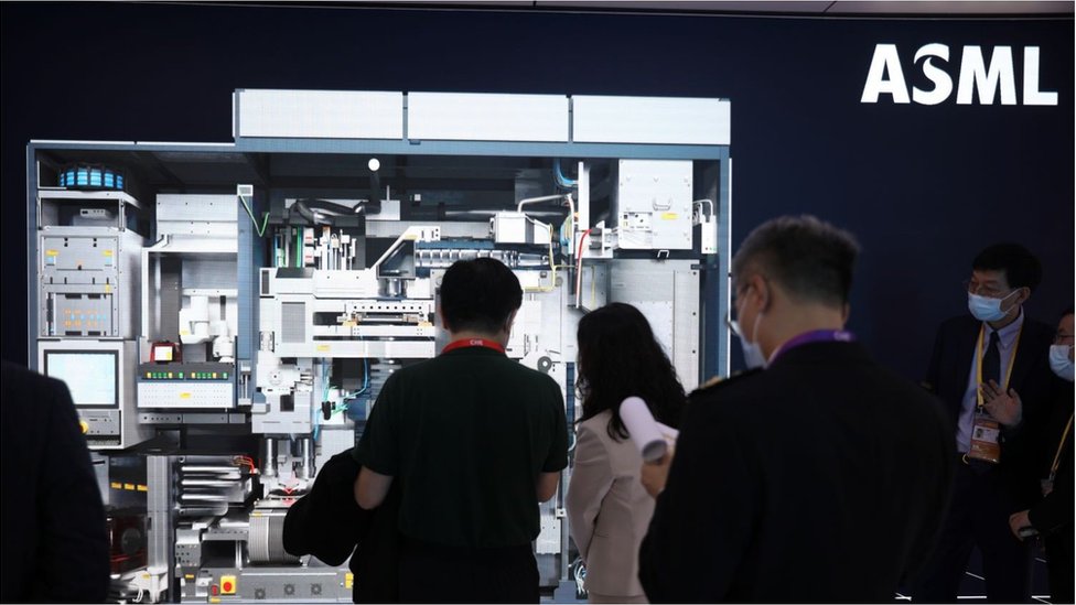 ASML's EUV lithography machine is on display during the 4th China International Import Expo (CIIE) at the National Exhibition and Convention Center (Shanghai) on November 7, 2021 in Shanghai, China.