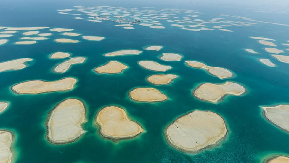 An aerial view of The World islands in Dubai, UAE