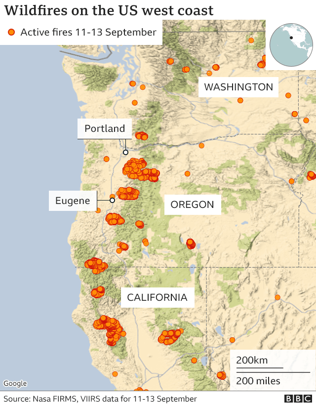 Карта с изображением лесных пожаров в Вашингтоне, Орегоне и Калифорнии (10-13 сентября 2020 г.). Обновлено 14 сен