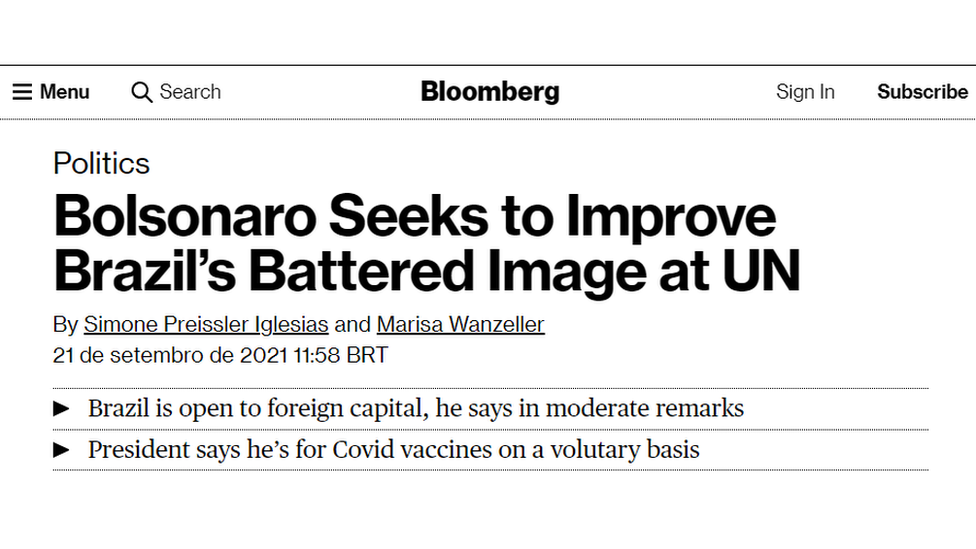 'Bolsonaro tenta melhorar a combalida imagem do Brasil na ONU', disse a Bloomberg