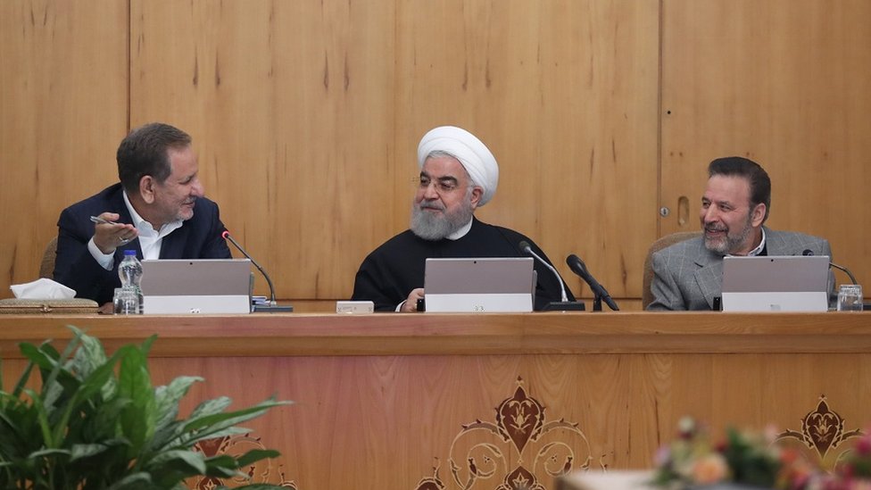 Iranian President, Hassan Rouhani (C) makes statements on the ongoing protests across Iran against petrol price increases, after the Council of Ministers meeting, in Tehran, Iran on November 20, 2019.