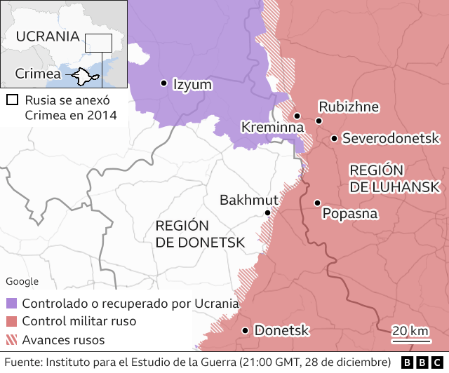 Mapa que muestra el estancamiento de las posiciones rusas y ucranianas.