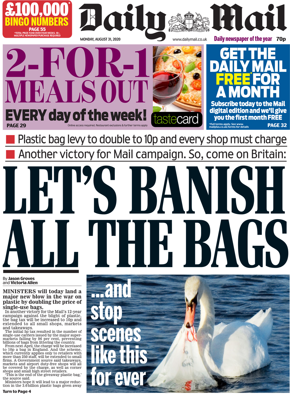 The Daily Mail front page 31 August 2020