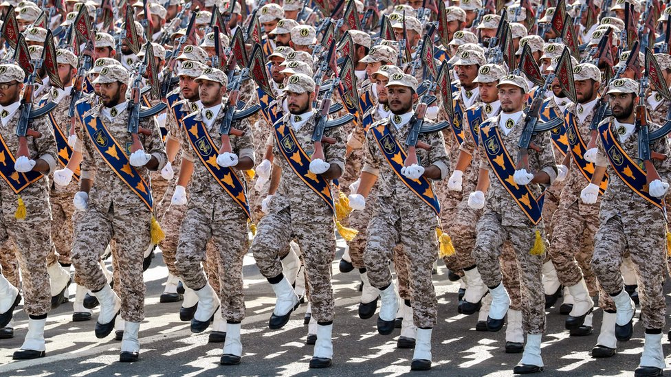Members of Iran's Islamic Revolutionary Guard Corp marching during a military parade