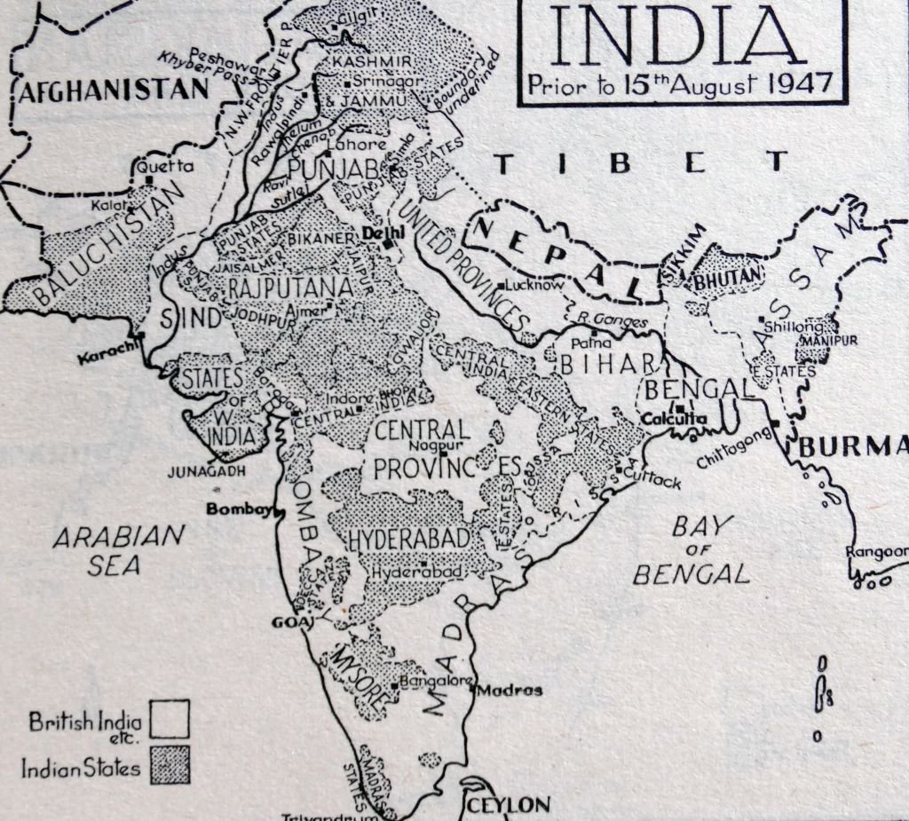 Mapa de India antes de la partición del Imperio Británico que condujo a la creación de la India y Pakistán en 1947.