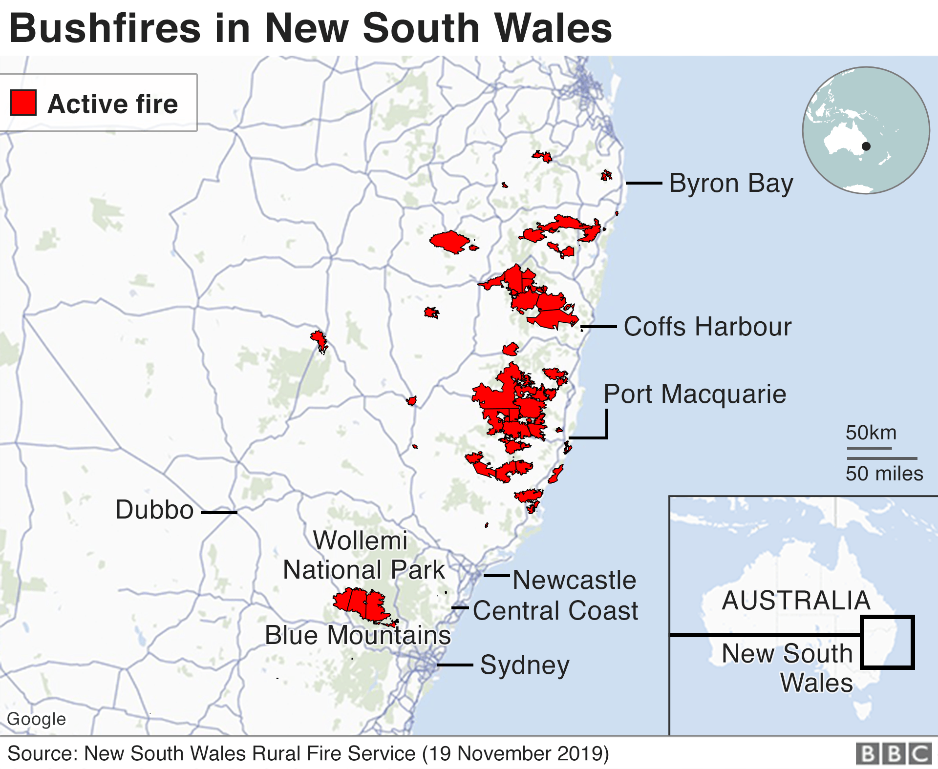 Карта: лесные пожары в Новом Южном Уэльсе, 19 ноября