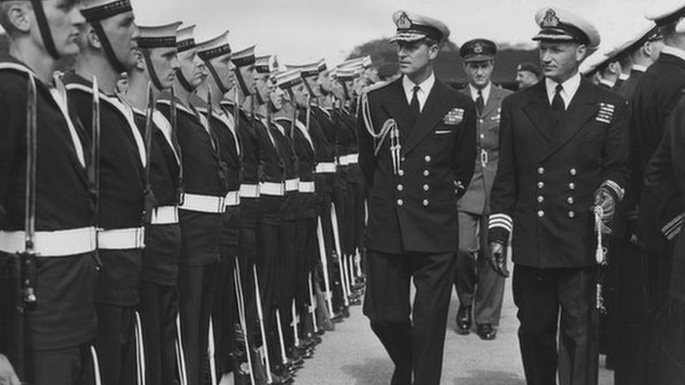 The Duke of Edinburgh inspecting Canadian Sailors at Pirbright, 1953