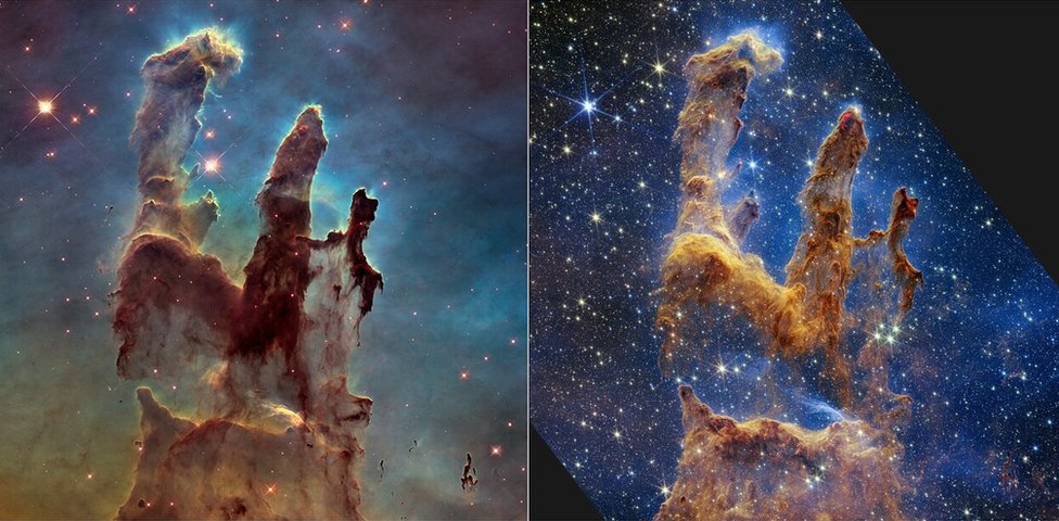 Comparación de imágenes de los pilares Hubble vs Webb