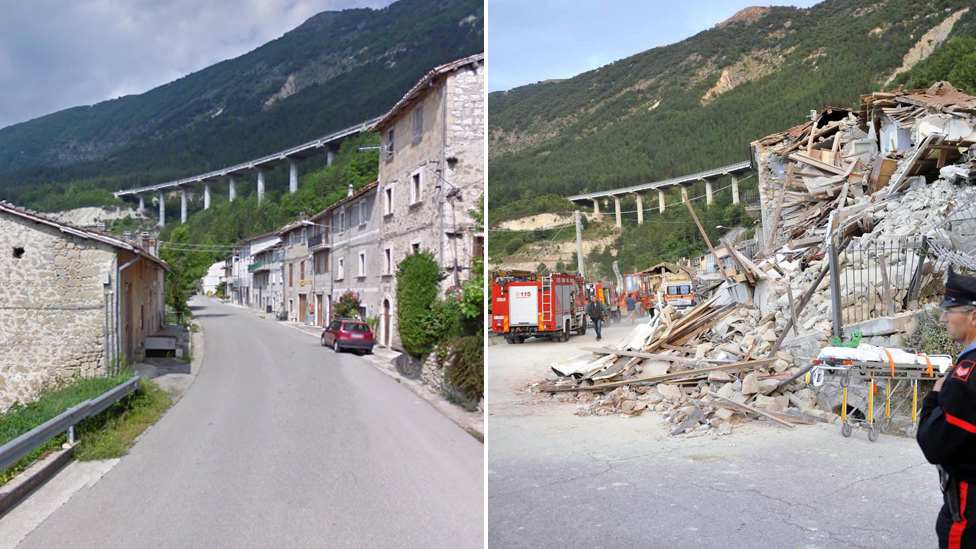 Изображение некоторых повреждений на дороге Via Salaria в Пескара-дель-Тронто по сравнению с изображением улицы до землетрясения - 24 августа 2016 г.