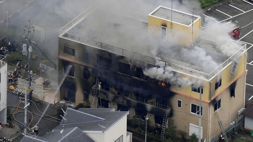 Вид с воздуха показывает, как пожарные борются с пожарами в Kyoto Animation Co