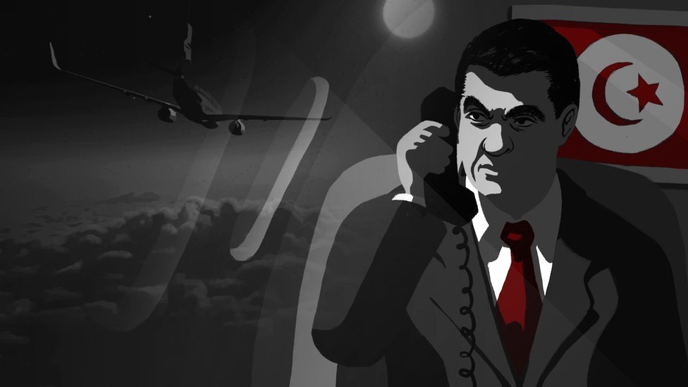 Ilustración de Ben Alí en un avión hablando por teléfono