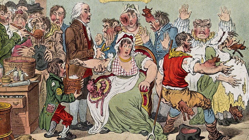 James Gillray's cartoon of people sprouting cows from their arms and heads, someone who has grown horns out of their head and people queuing to drink a potion